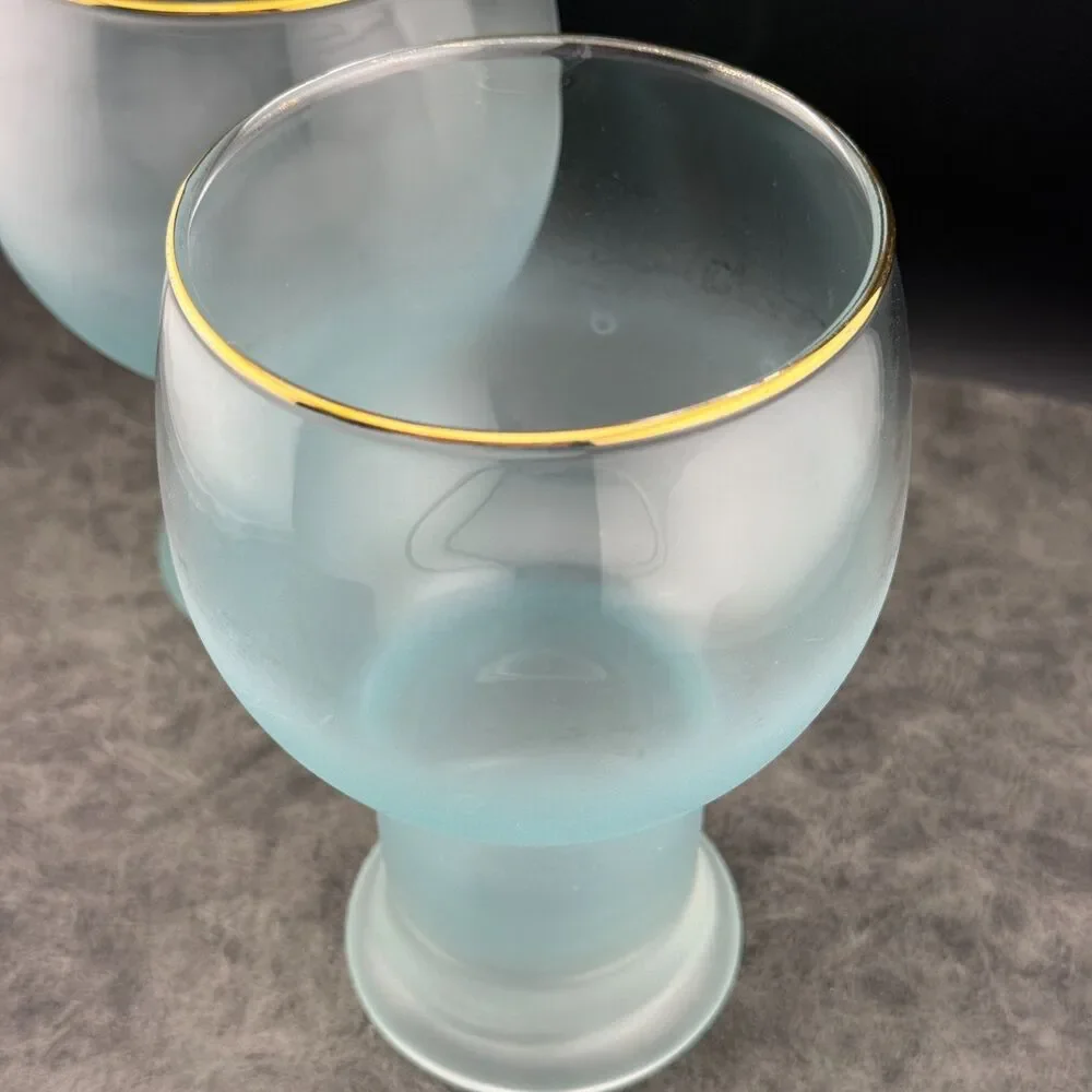 TWO (2) Vintage Federal Glass Company Frosted Blue Tumblers Cups Gold Rim 5.5